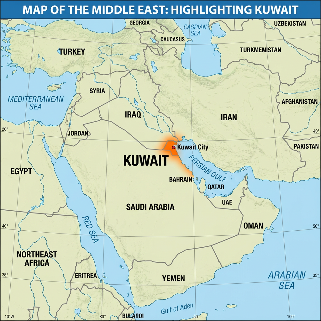 Map of Middle East countries with Kuwait highlighted in orange.