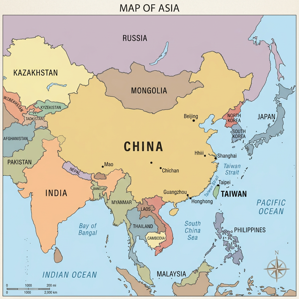 Political map showing Asian countries, capitals, and major cities including China, India, Russia, Japan, and Taiwan.