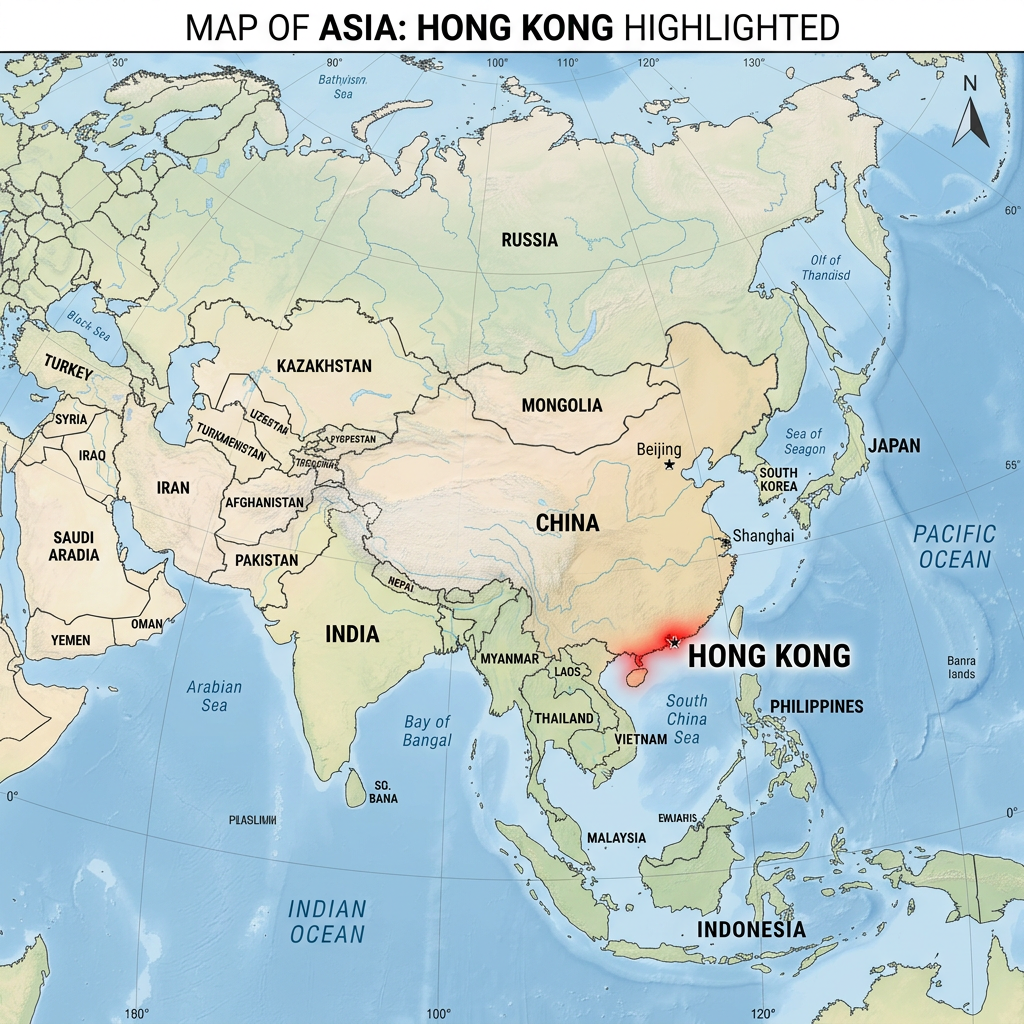 Map of Asia showing countries with Hong Kong highlighted in red