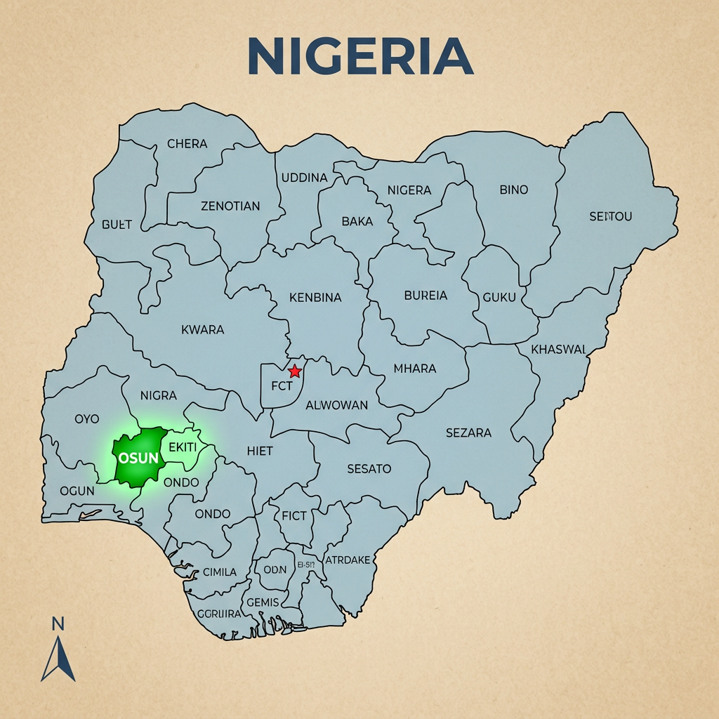 Map of Nigeria with Osun and Ekiti states highlighted in green and marked.