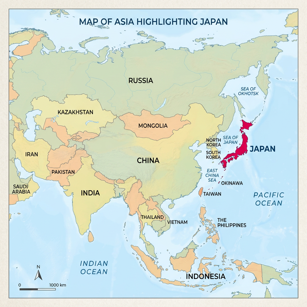 Political map of Asia showing countries with Japan highlighted in red