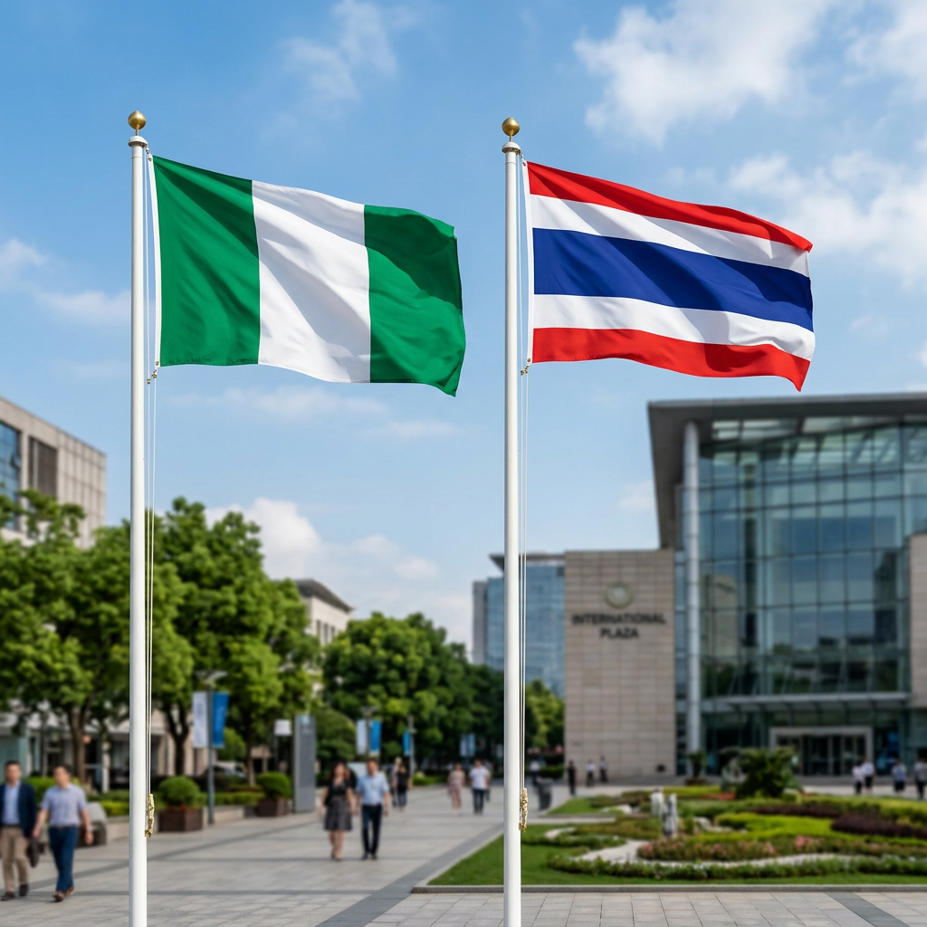 Nigeria and Thailand flags flying outside International Plaza