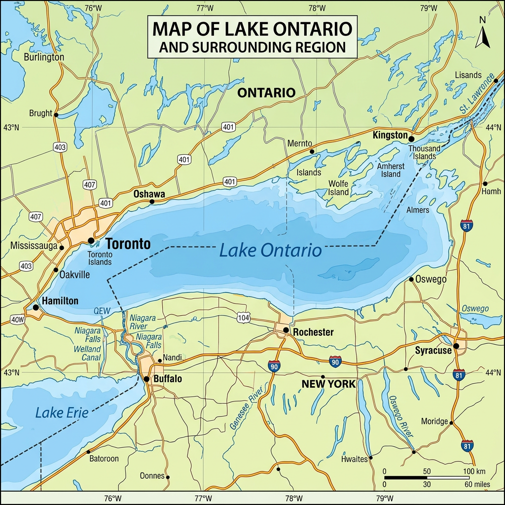 Map of Lake Ontario and surrounding regions, including Toronto, Kingston, Buffalo, and Rochester