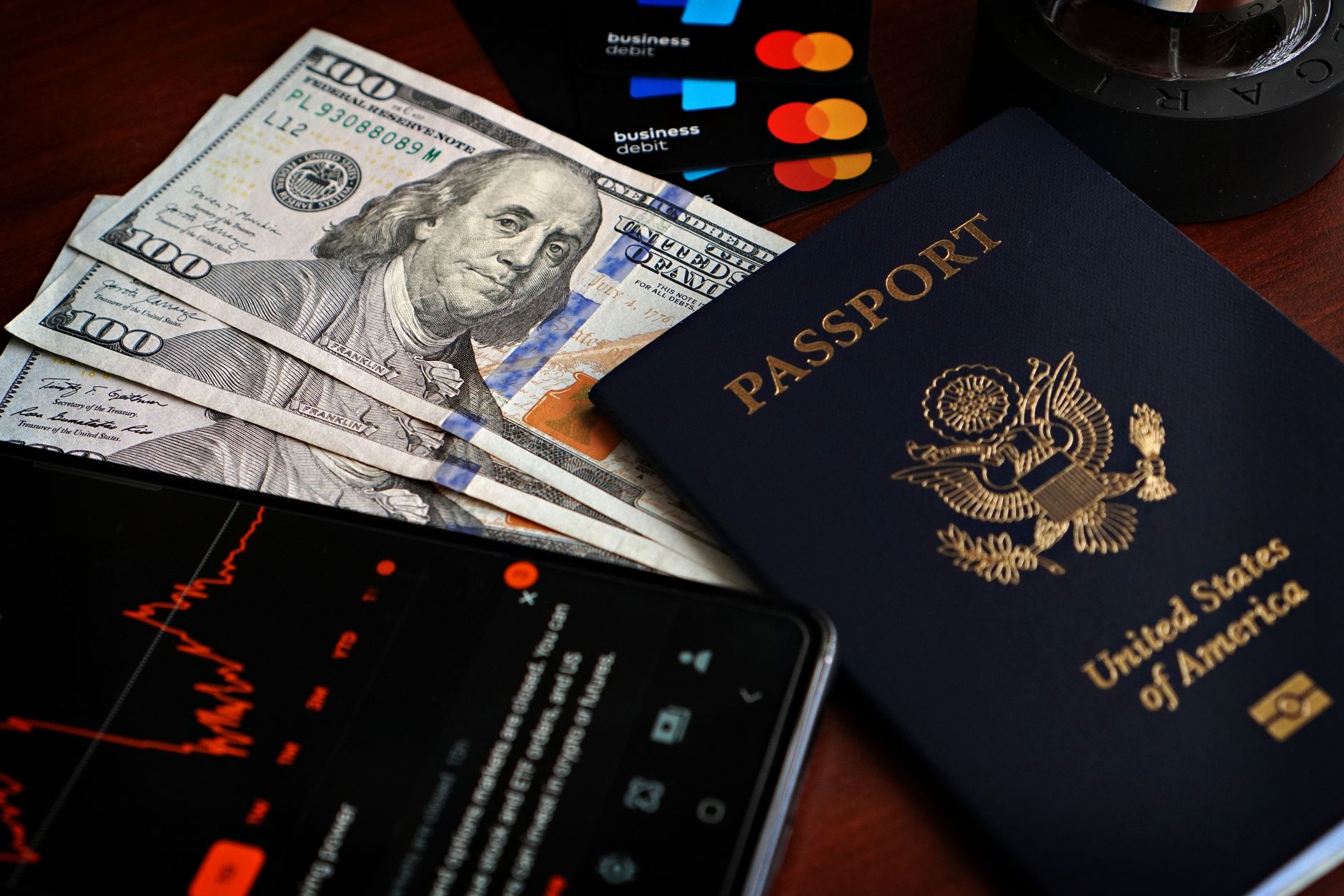finance and travel passport money cards smartphone