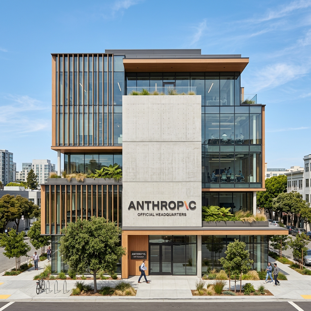 Anthropic Official Headquarters building with glass walls and landscaped terraces