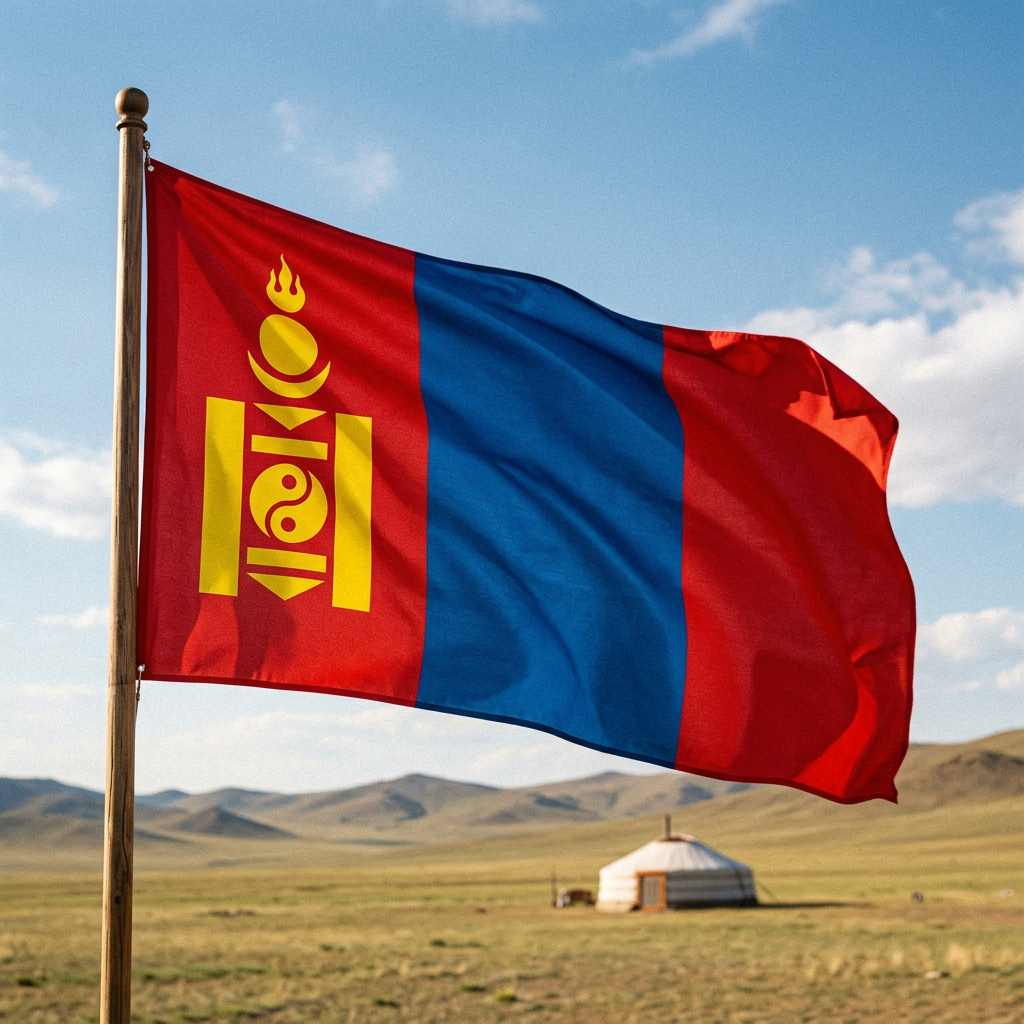 Mongolian flag waving beside a yurt on an open steppe