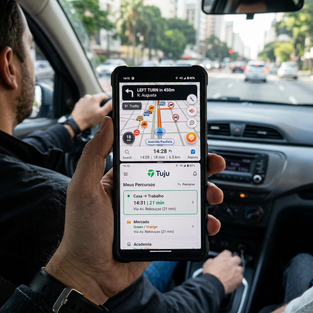 Driver holding phone showing “LEFT TURN IN 450m,” “Avenida Paulista,” and Tiju navigation routes