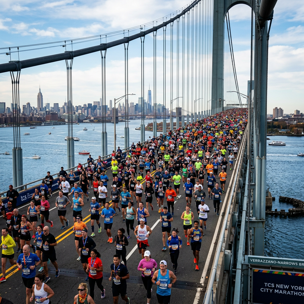 Runners crossing Verrazzano-Narrows Bridge during New York City Marathon